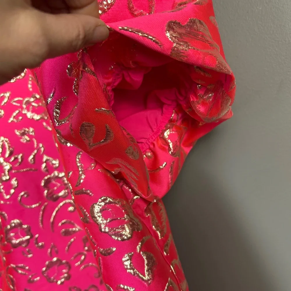 Lilly Pulitzer‎ top Large Pratt Hot Pink Gold Brocade Puff Sleeve Colorful Glam